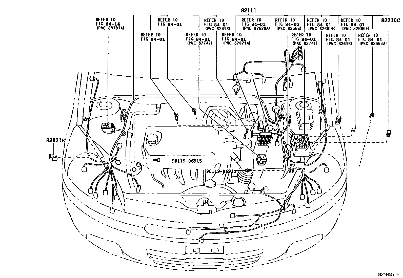 Toyota YARIS 线束和卡夹 EPC diagram — 821955E