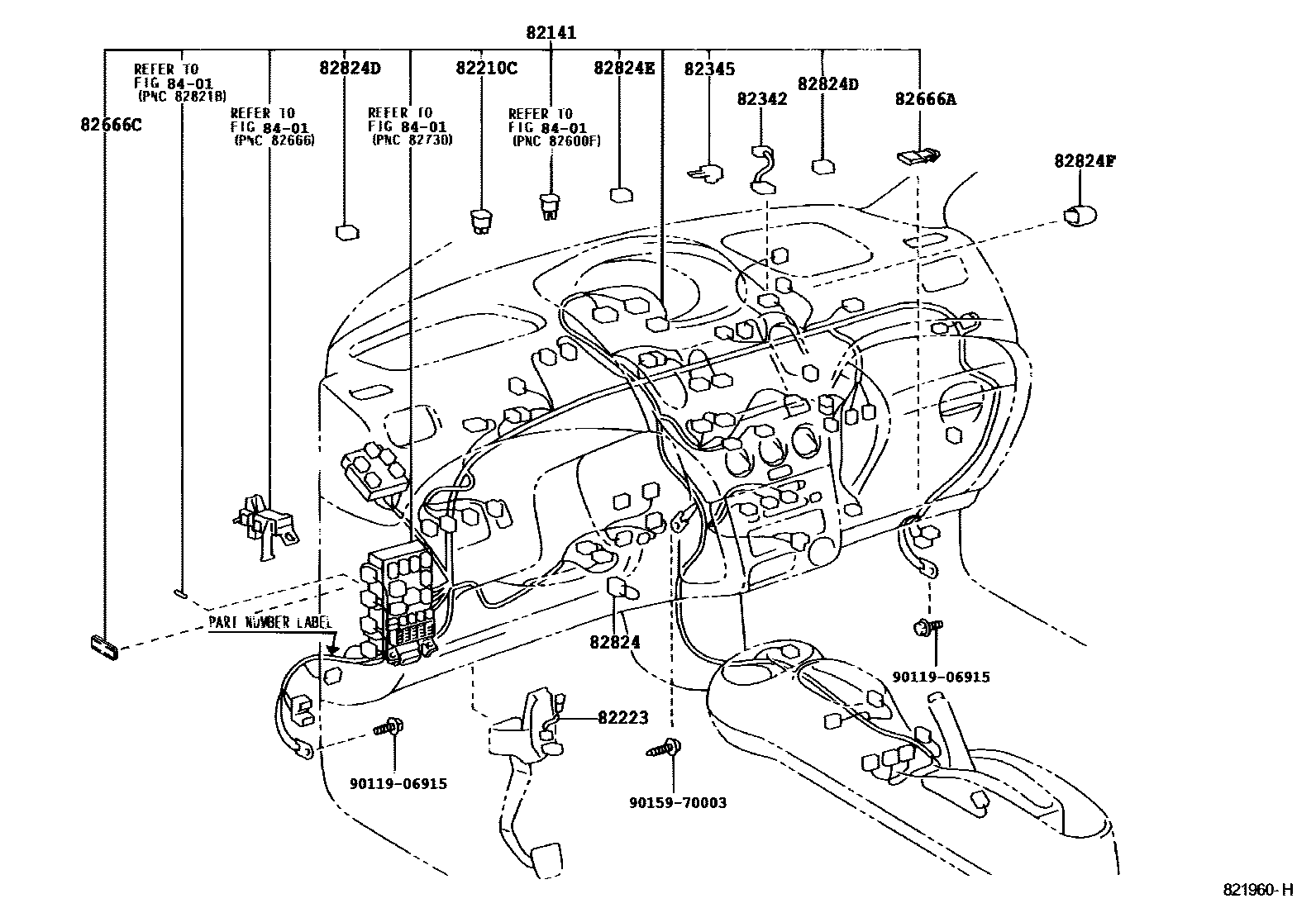 Toyota YARIS 线束和卡夹 EPC diagram — 821960H