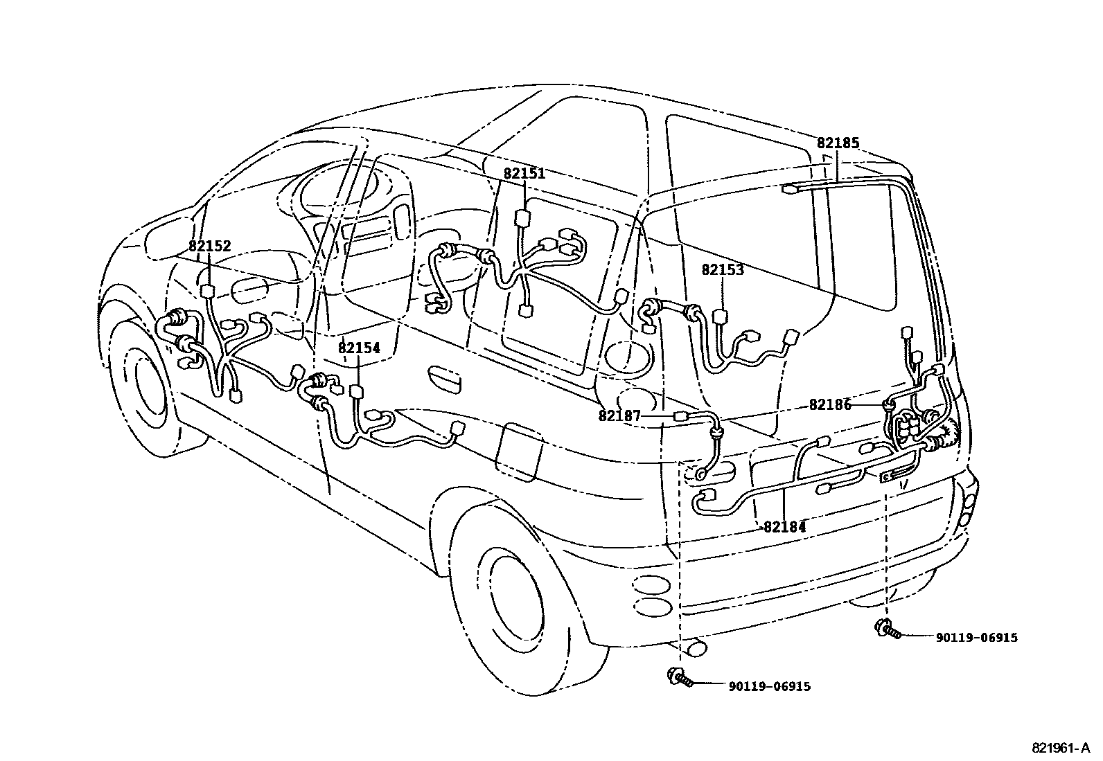 Toyota YARIS 线束和卡夹 EPC diagram — 821961A