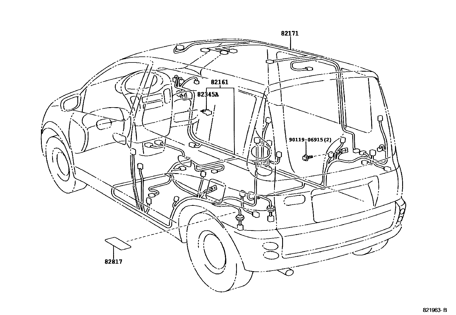 Toyota YARIS 线束和卡夹 EPC diagram — 821963B