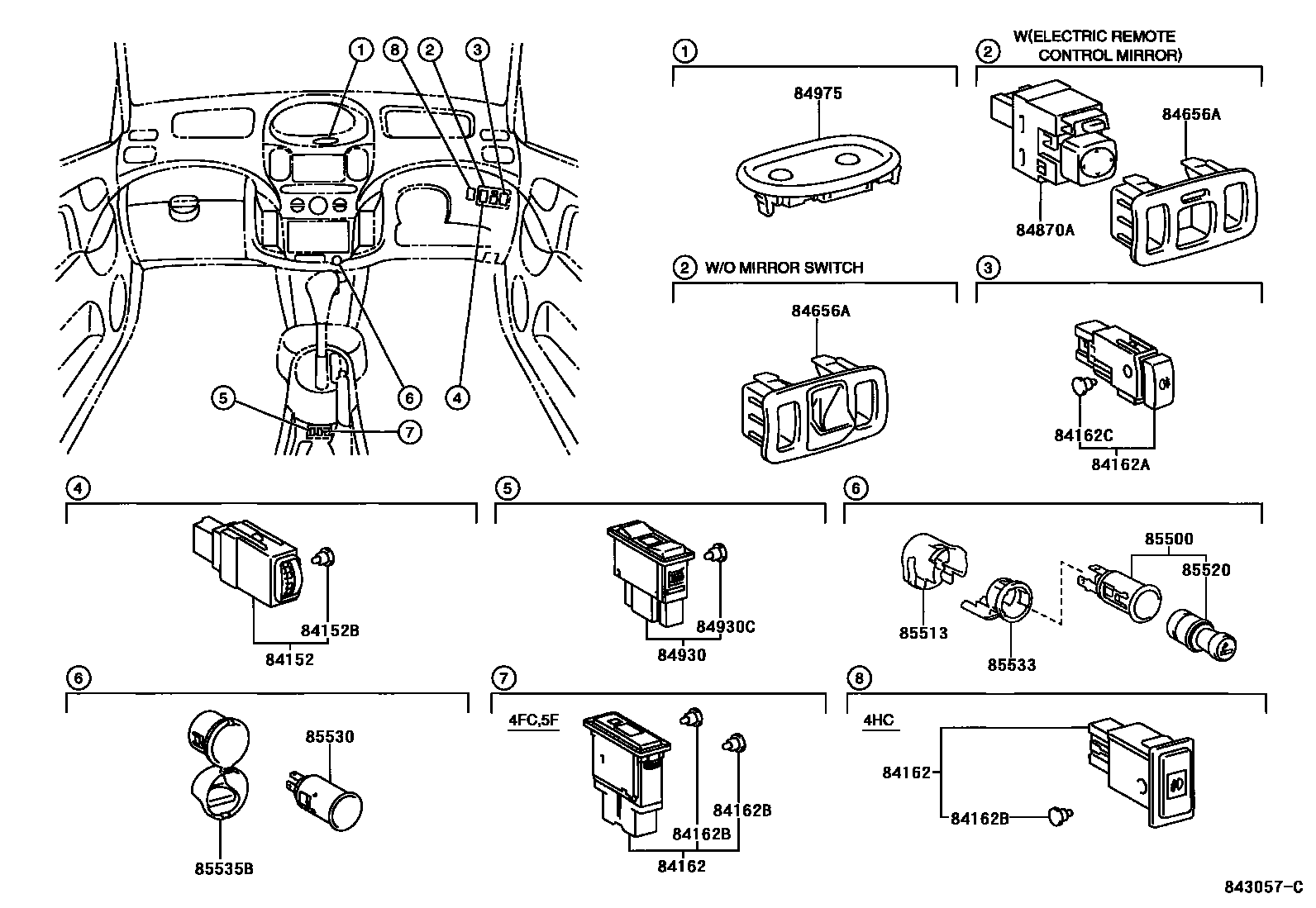 Toyota YARIS 开关和继电器和ECU EPC diagram — 843057C