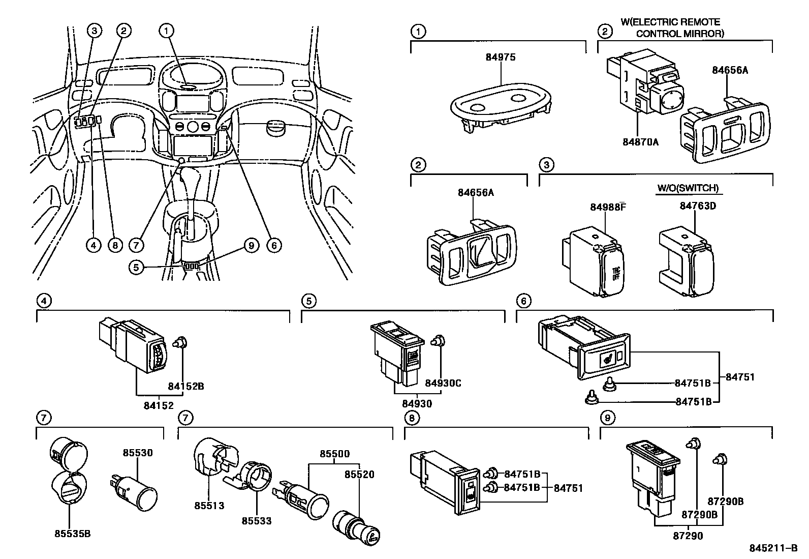 Toyota YARIS 开关和继电器和ECU EPC diagram — 845211B