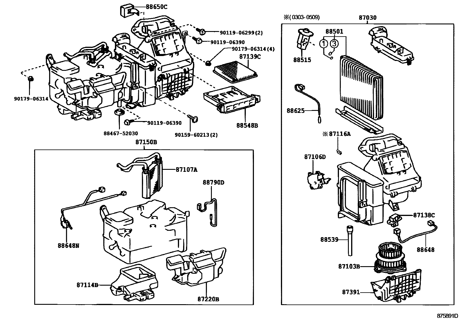 Toyota YARIS 暖风和空调系统 - 冷却器组件 EPC diagram — 875891D