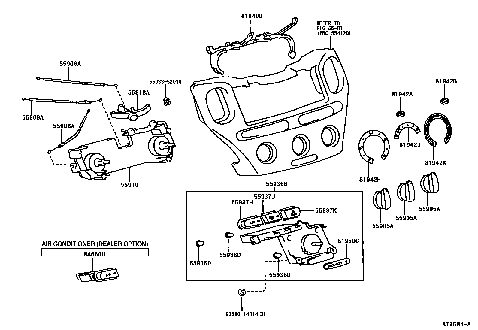Toyota YARIS 暖风和空调系统 - 控制器和风管 EPC diagram — 873684A
