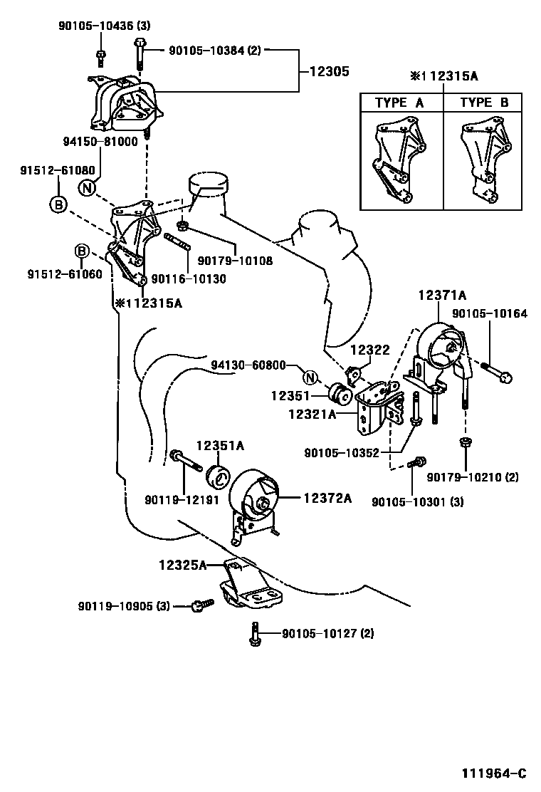 Toyota YARIS Engine Mounting EPC diagram — 111964C