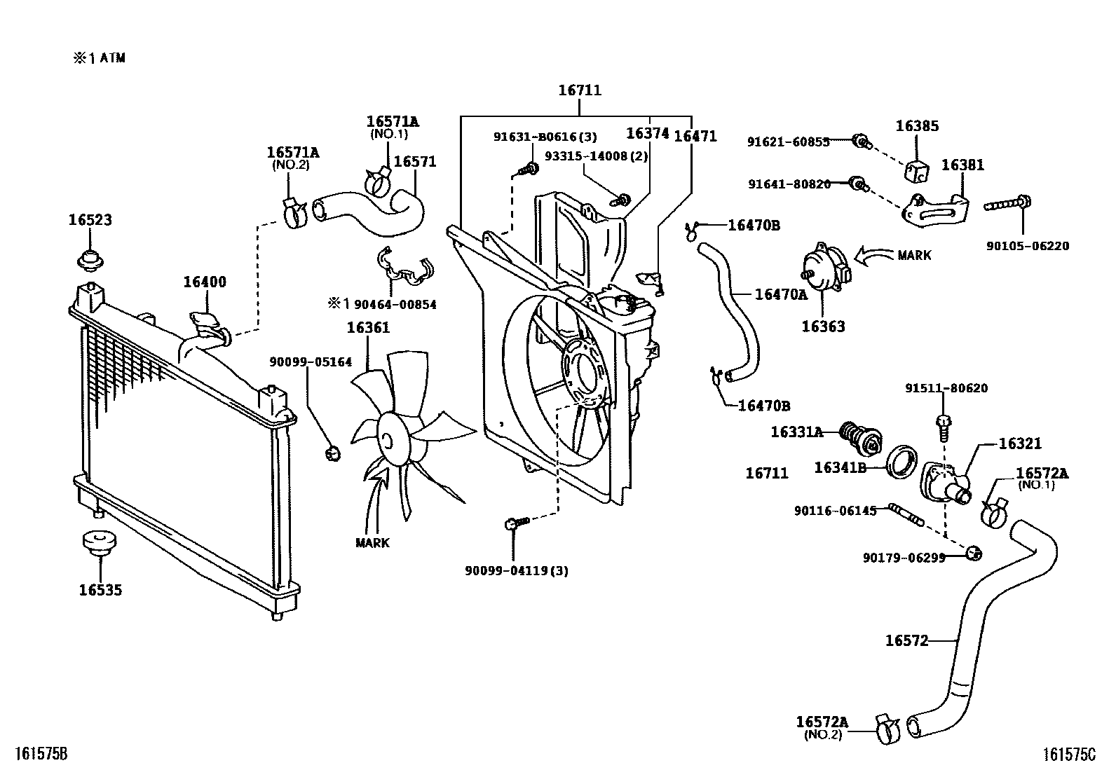 Toyota YARIS RADIATOR & WATER OUTLET EPC diagram — 161575C