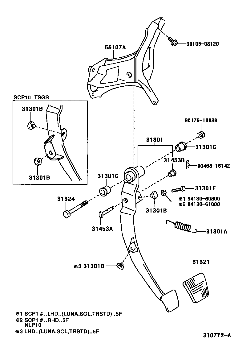 Toyota YARIS 离合器踏板和挠性软管 EPC diagram — 310772A