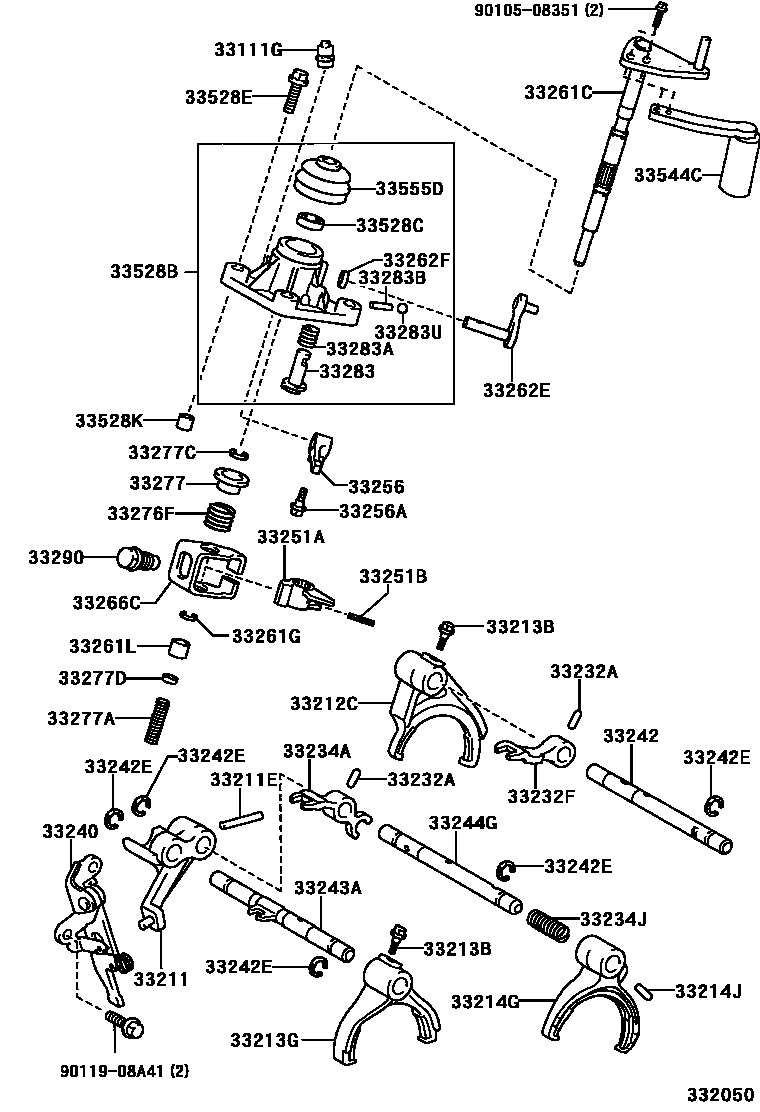 Toyota YARIS 换档拨叉和换档杆轴(MTM) EPC diagram — 332050