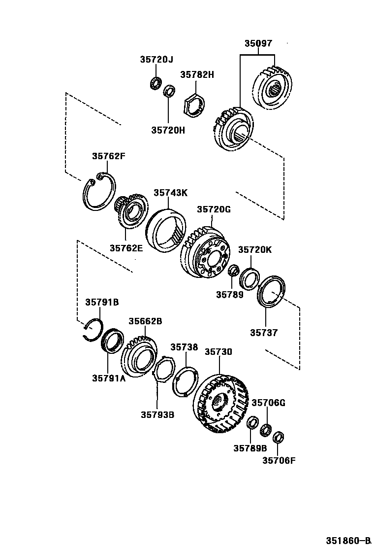 Toyota YARIS 行星齿轮、倒档活塞和中间轴齿轮(ATM) EPC diagram — 351860B
