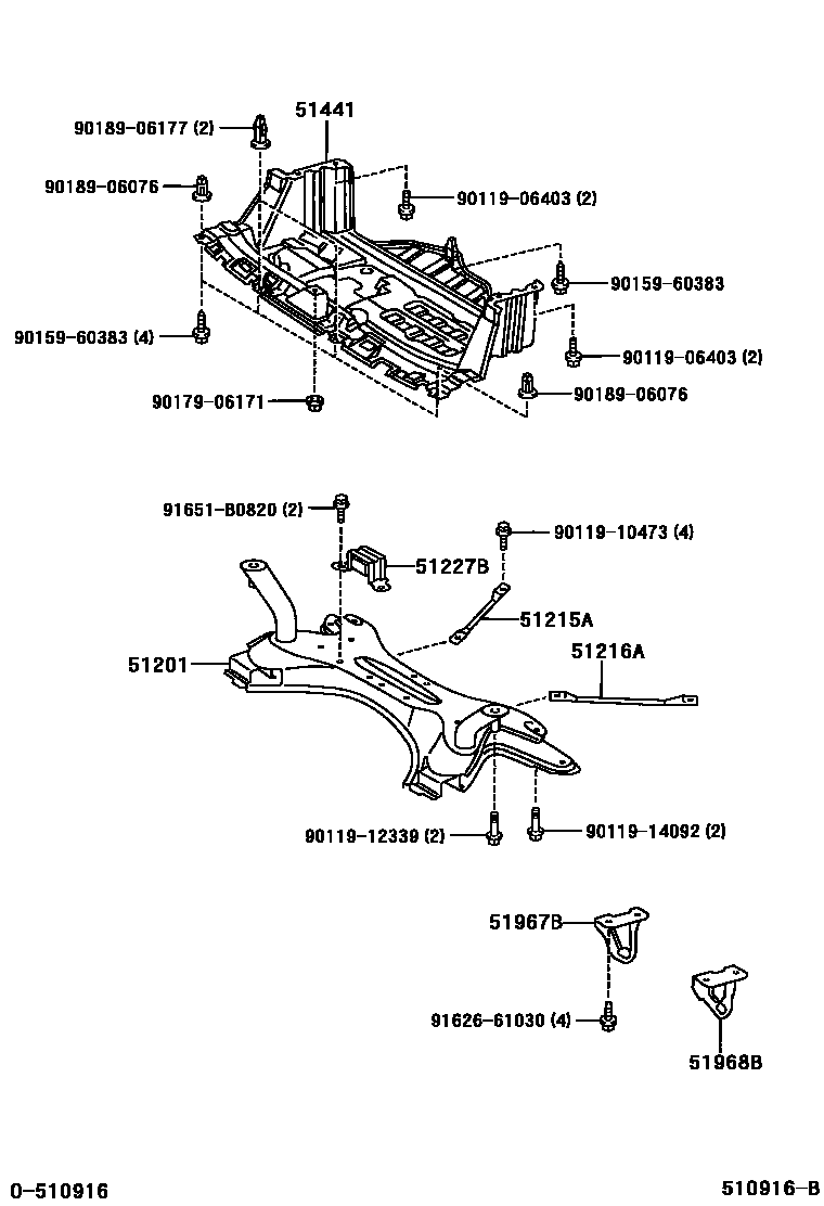 Toyota YARIS 悬架横梁和发动机底罩 EPC diagram — 510916B