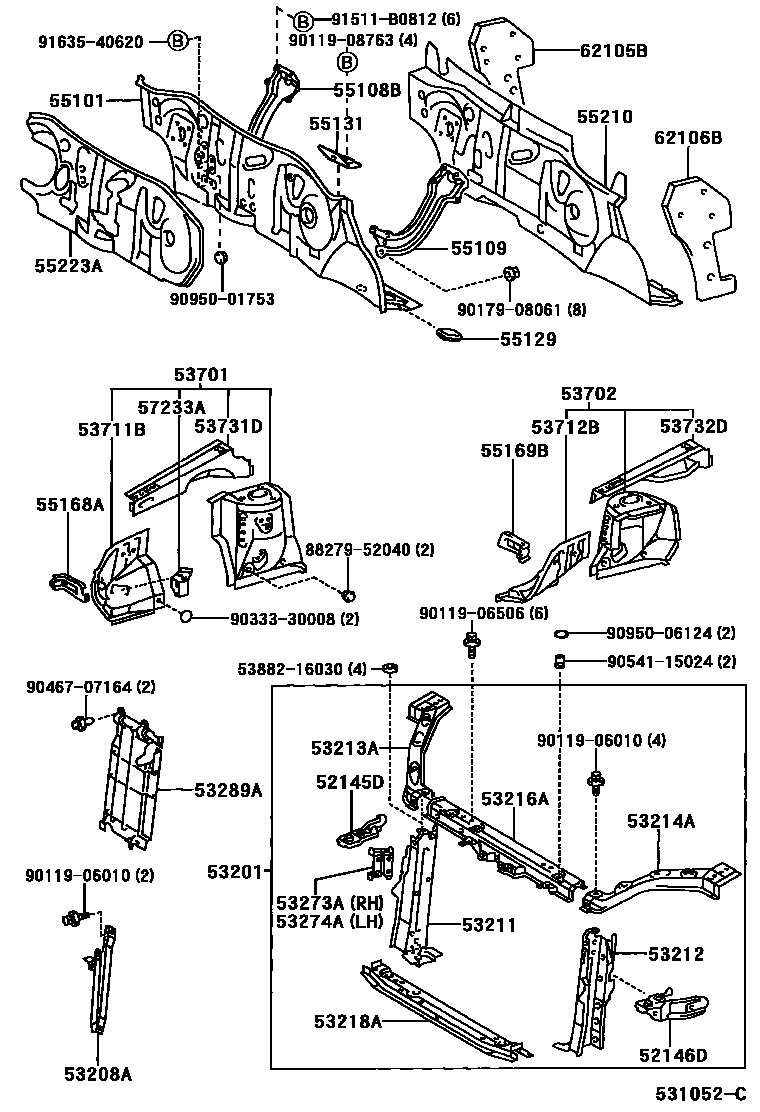 Toyota YARIS 前翼子板挡泥板和前围板 EPC diagram — 531052C