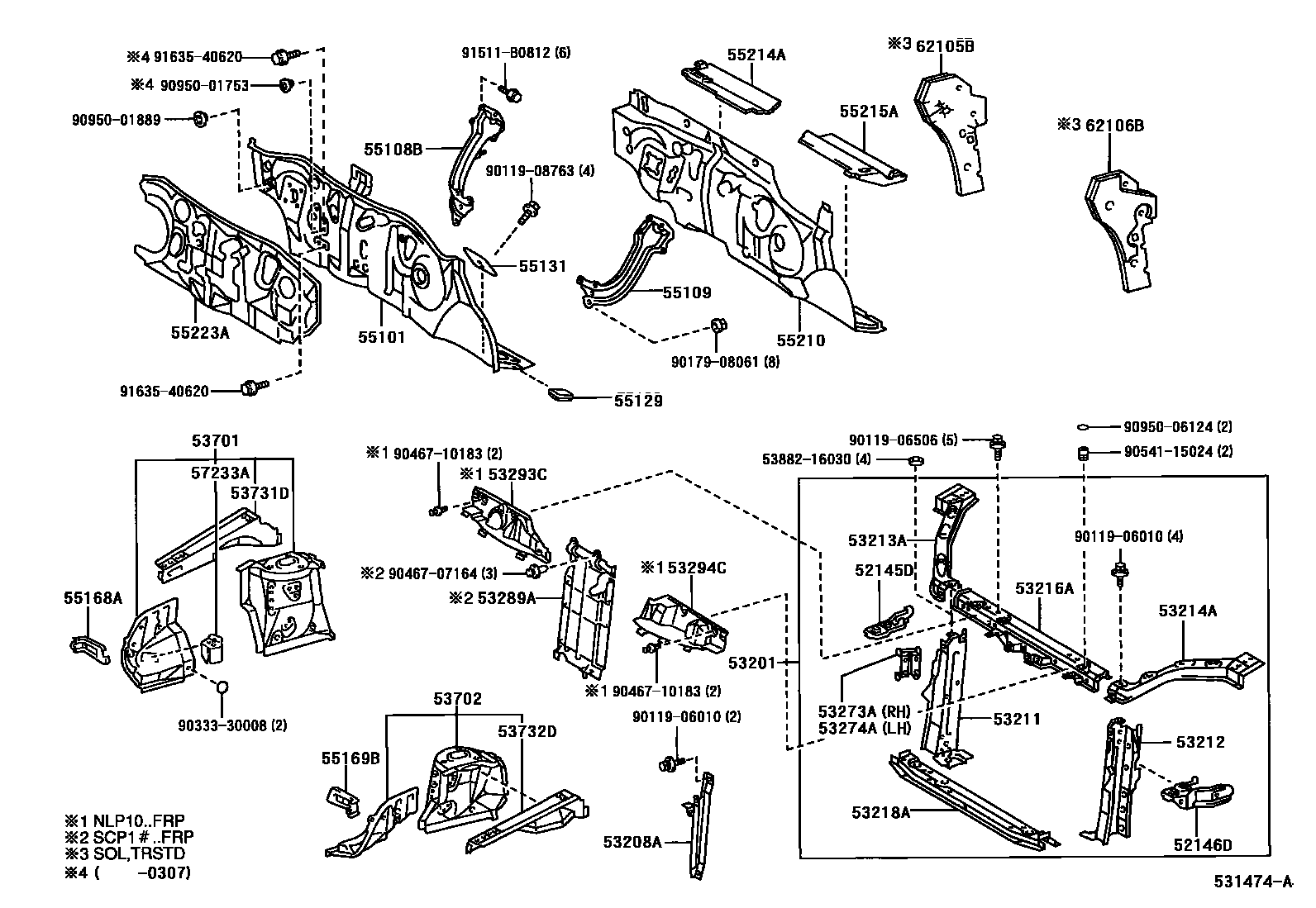 Toyota YARIS 前翼子板挡泥板和前围板 EPC diagram — 531474A