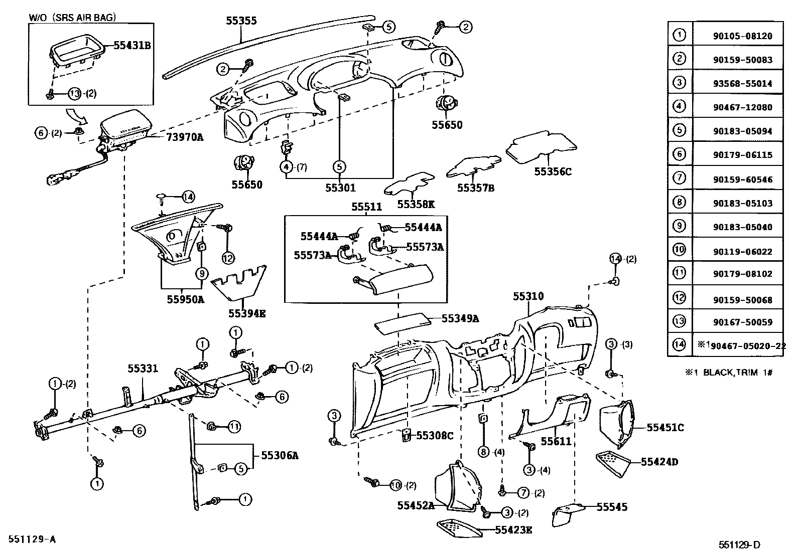 Toyota YARIS 仪表板和手套箱 EPC diagram — 551129D