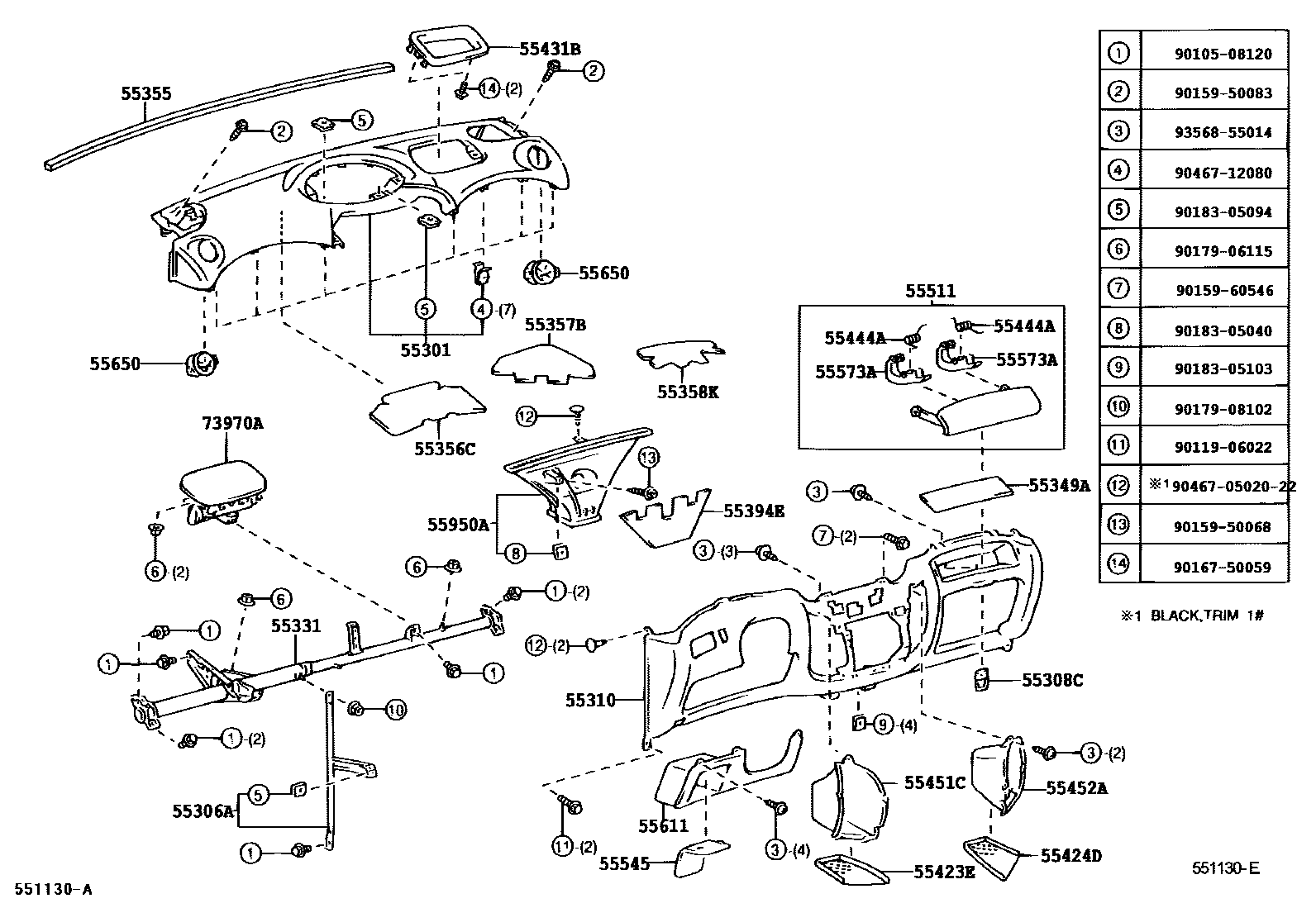 Toyota YARIS 仪表板和手套箱 EPC diagram — 551130E
