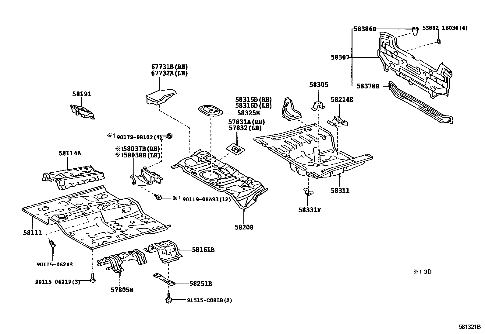 Toyota YARIS 浅盘形地板和车身下背板 EPC diagram — 581321B