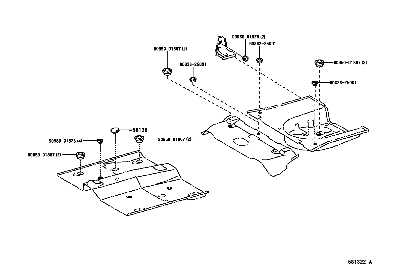 Toyota YARIS 浅盘形地板和车身下背板 EPC diagram — 581322A