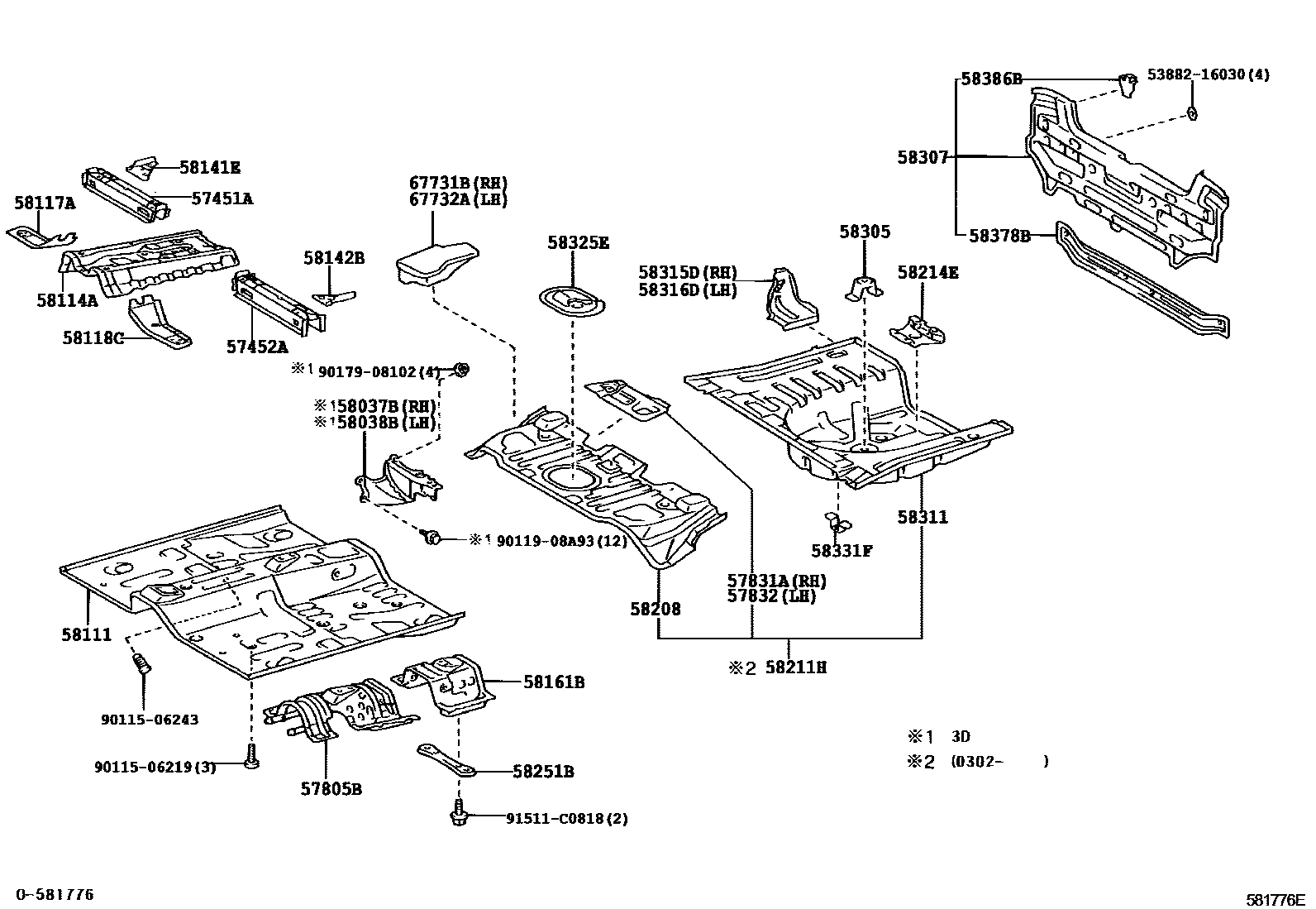Toyota YARIS 浅盘形地板和车身下背板 EPC diagram — 581776E