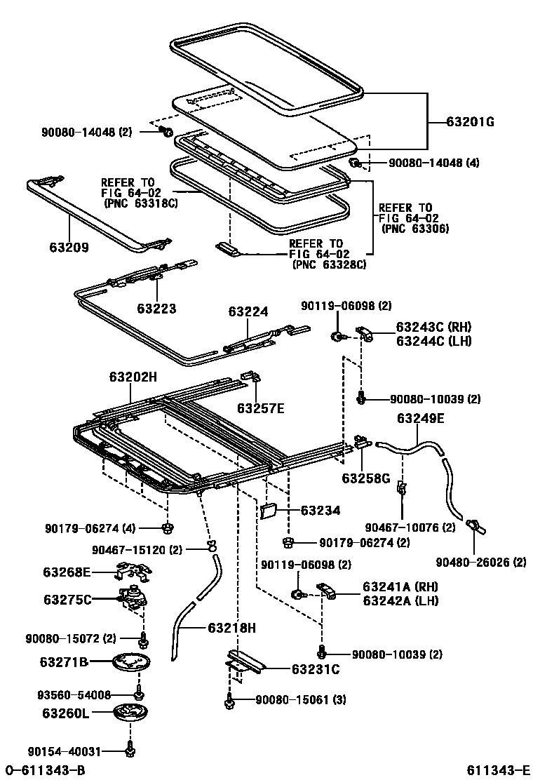 Toyota YARIS 天窗板和背窗玻璃 EPC diagram — 611343E