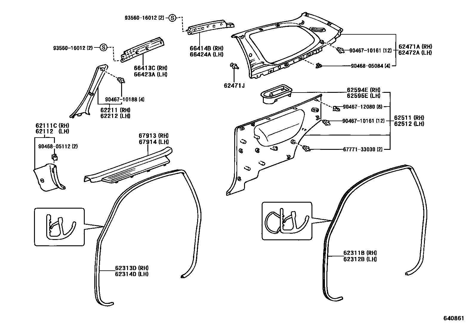 Toyota YARIS 内饰板和车门防水胶条 EPC diagram — 640861