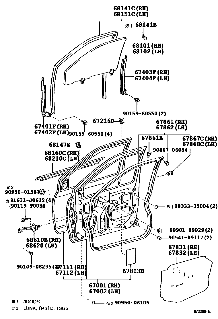 Toyota YARIS 前门板和前门玻璃 EPC diagram — 672288E