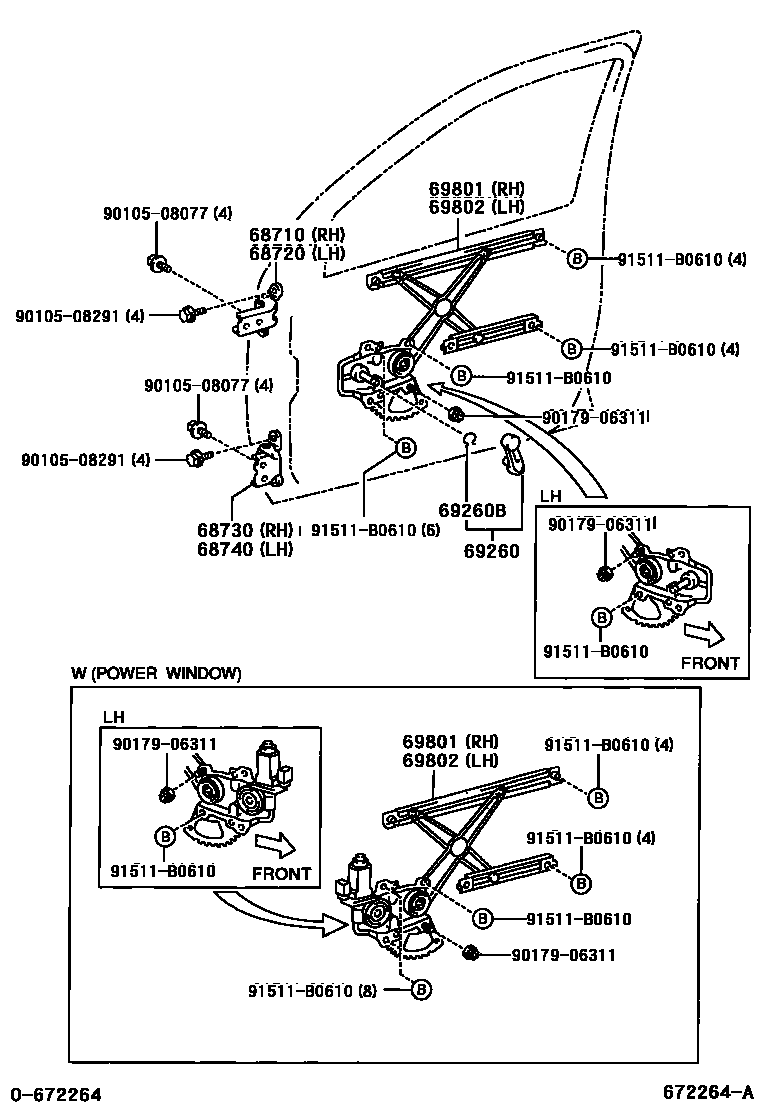 Toyota YARIS 前门车窗升降器和合页 EPC diagram — 672264A