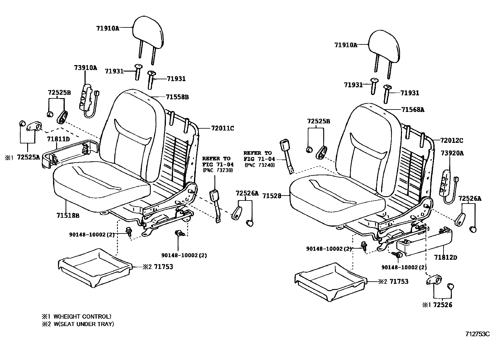 Toyota YARIS 前排座椅和座椅滑轨 EPC diagram — 712753C