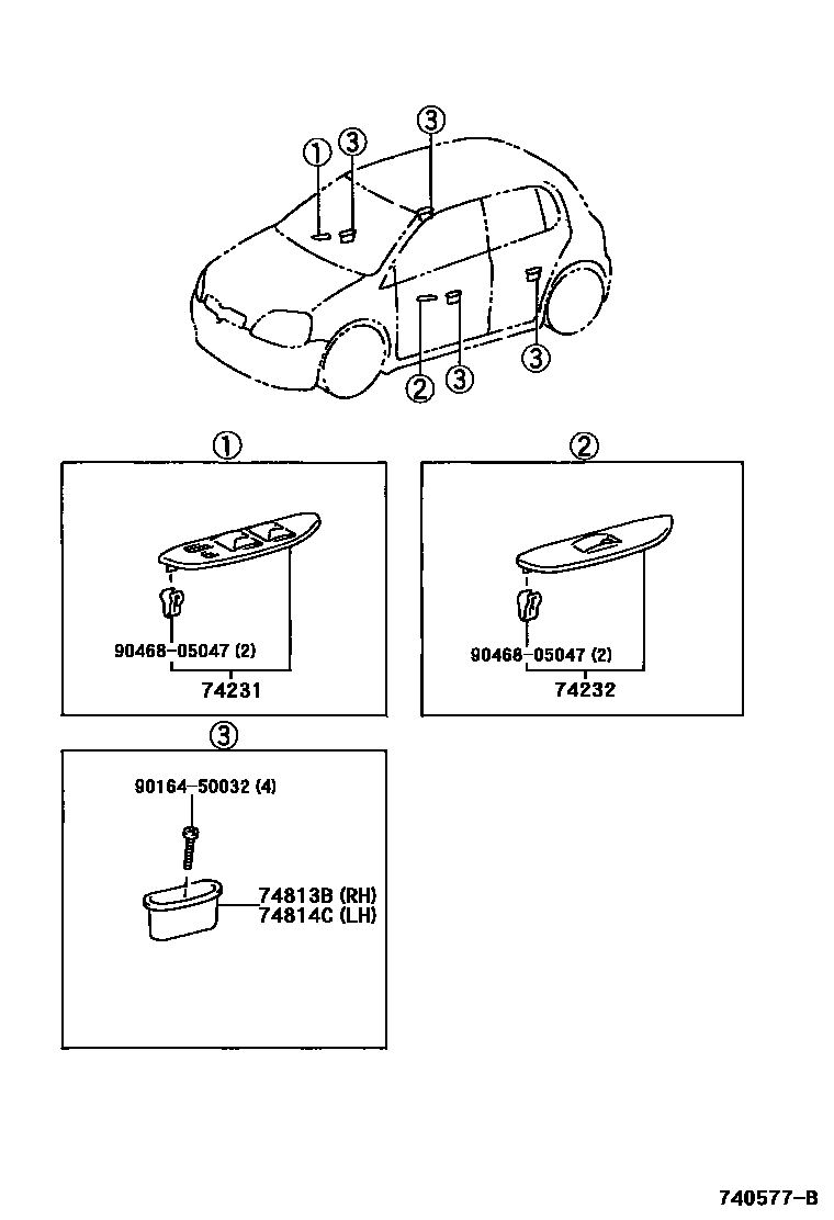 Toyota YARIS 扶手和遮阳板 EPC diagram — 740577B