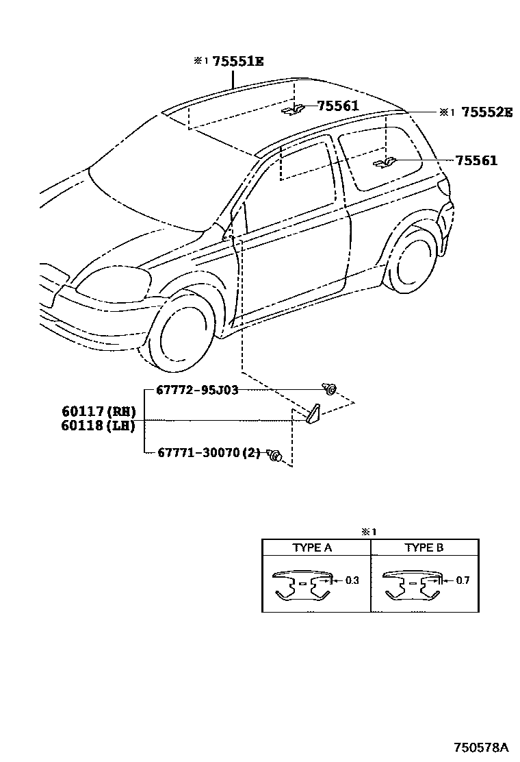 Toyota YARIS 侧防护条 EPC diagram — 750578A