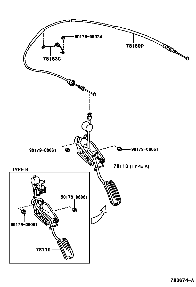 Toyota YARIS accelerator pedal connecting rod EPC diagram — 780674A