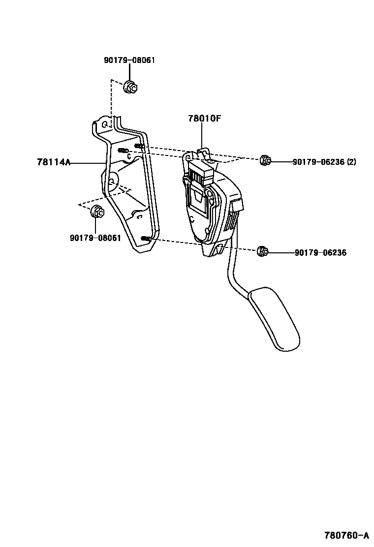 Toyota YARIS accelerator pedal connecting rod EPC diagram — 780760A