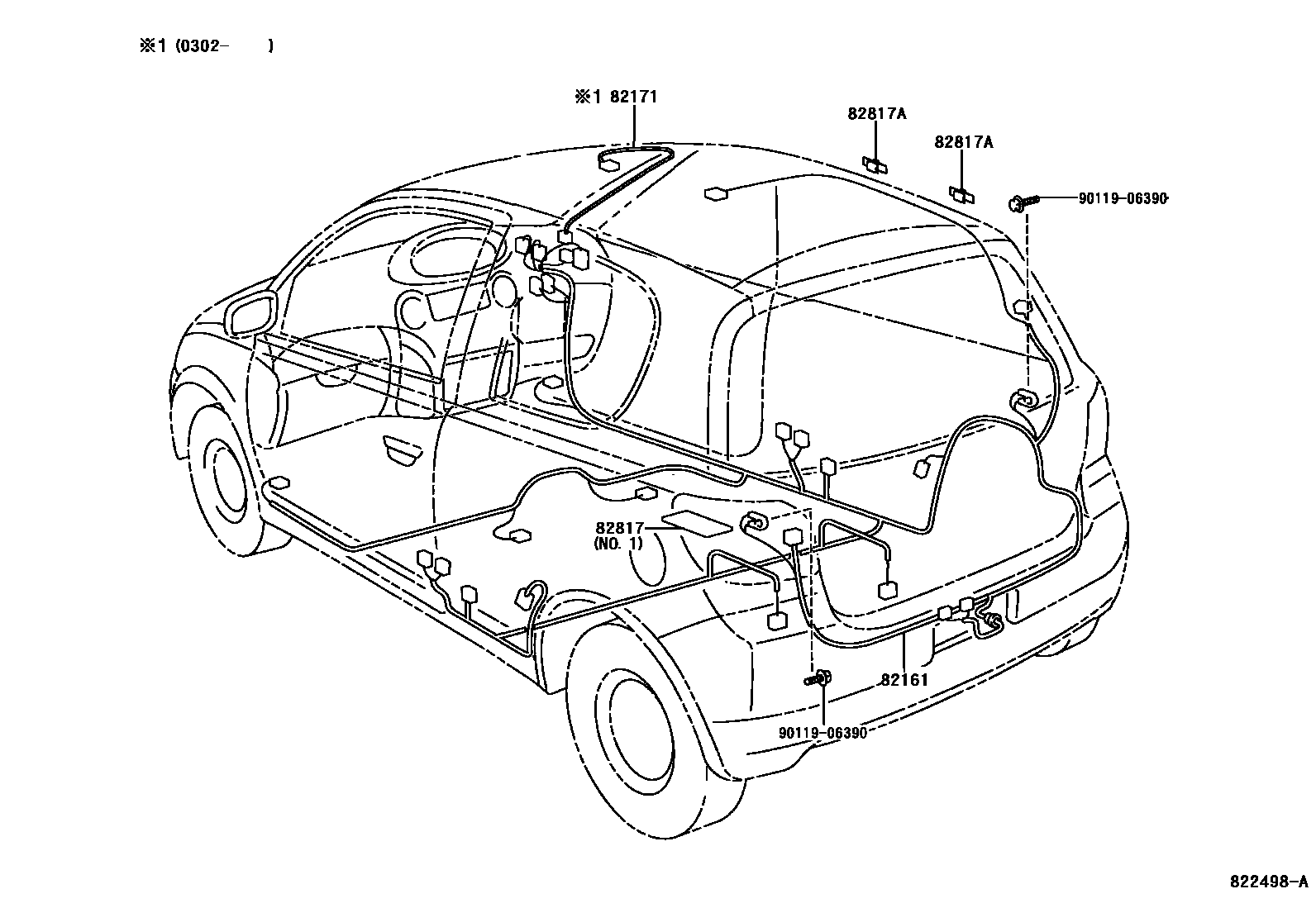 Toyota YARIS 线束和卡夹 EPC diagram — 822498A