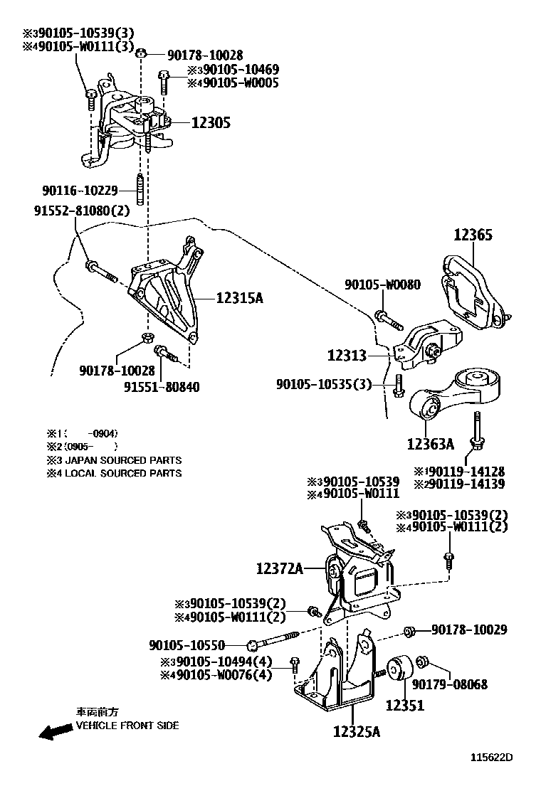 Toyota YARIS Engine Mounting EPC diagram — 115622D