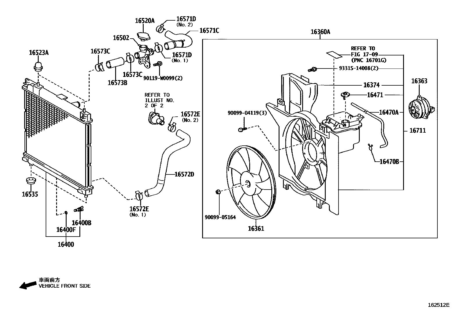 Toyota YARIS RADIATOR & WATER OUTLET EPC diagram — 162512E
