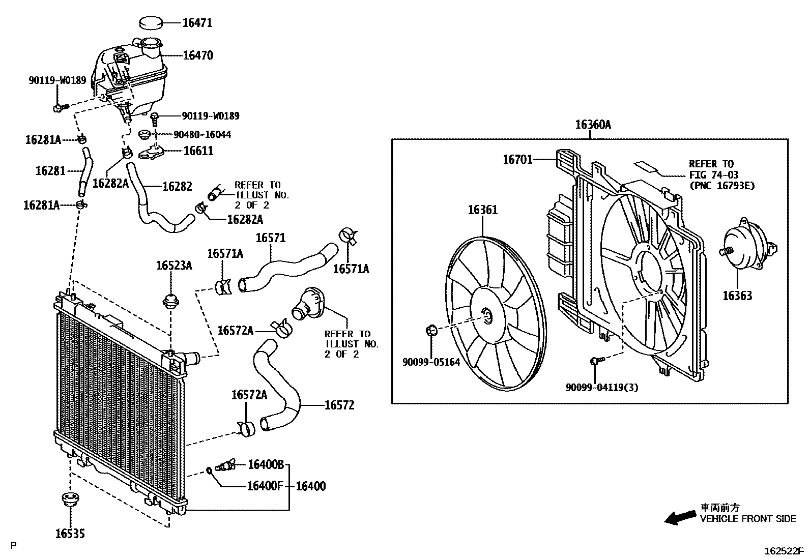 Toyota YARIS RADIATOR & WATER OUTLET EPC diagram — 162522F