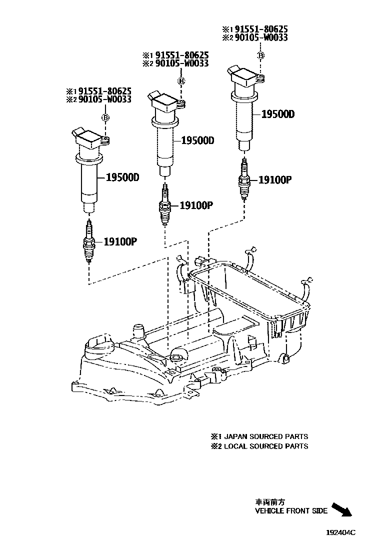Toyota YARIS 点火线圈和火花塞 EPC diagram — 192404C