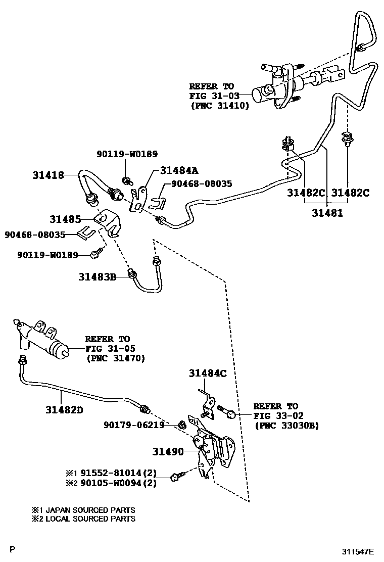 Toyota YARIS 离合器踏板和挠性软管 EPC diagram — 311547E