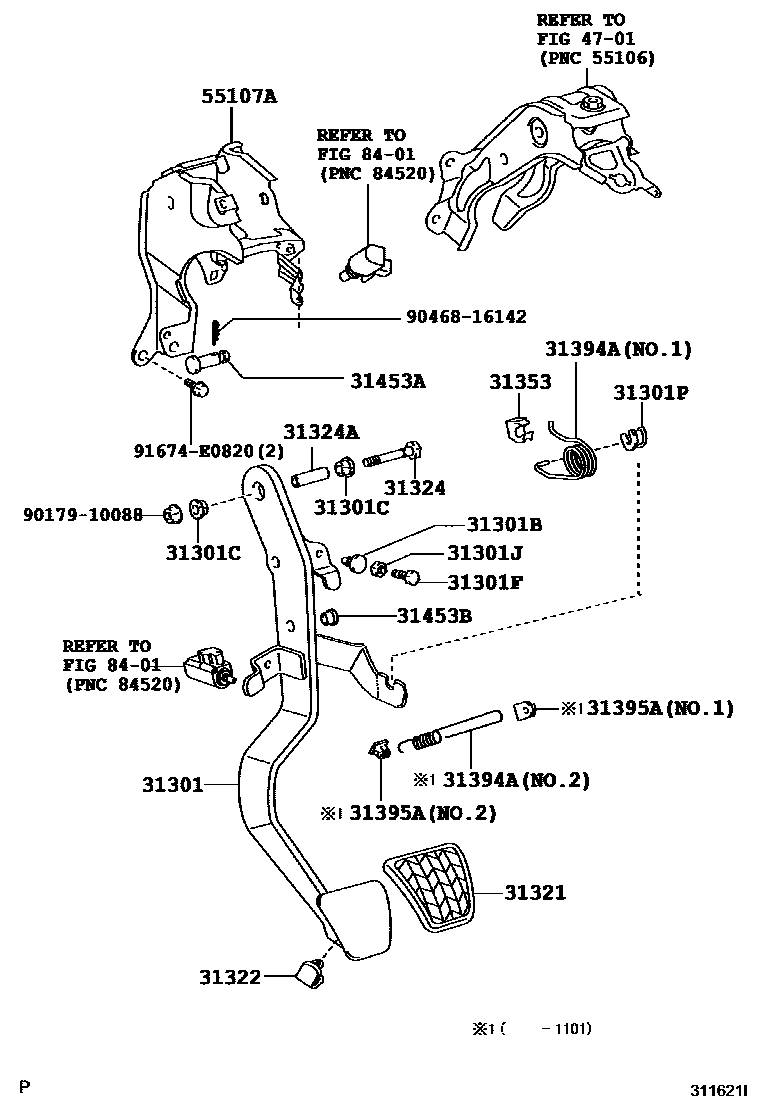 Toyota YARIS 离合器踏板和挠性软管 EPC diagram — 311621I