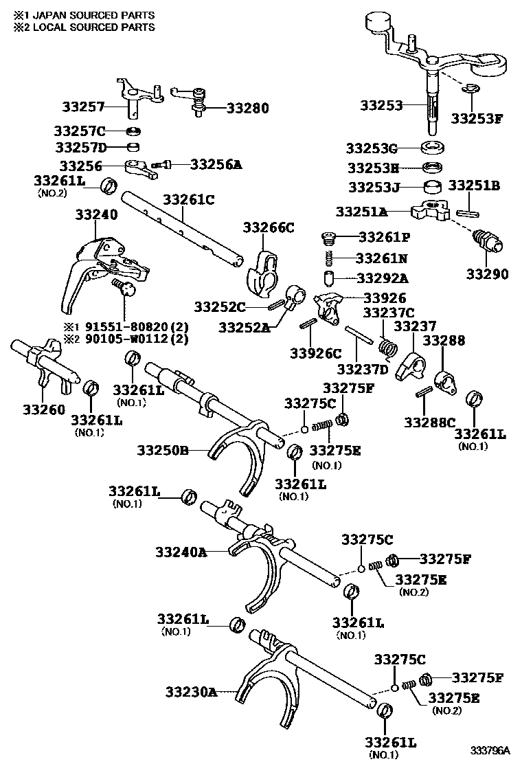 Toyota YARIS 换档拨叉和换档杆轴(MTM) EPC diagram — 333796A