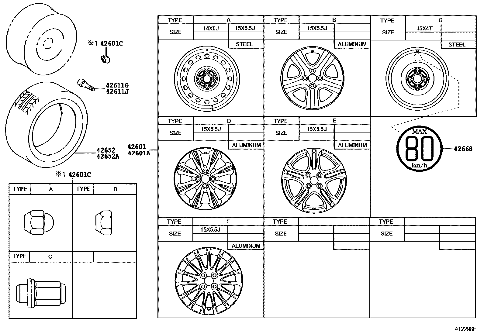 Toyota YARIS 车轮和车轮盖 EPC diagram — 412298E
