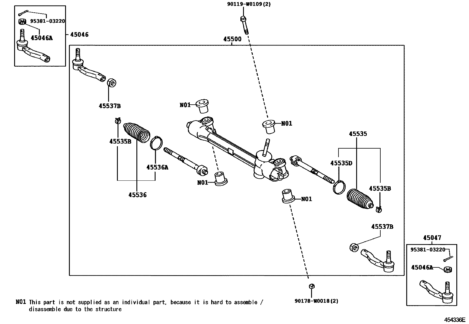 Toyota YARIS 前转向齿轮和连杆 EPC diagram — 454336E