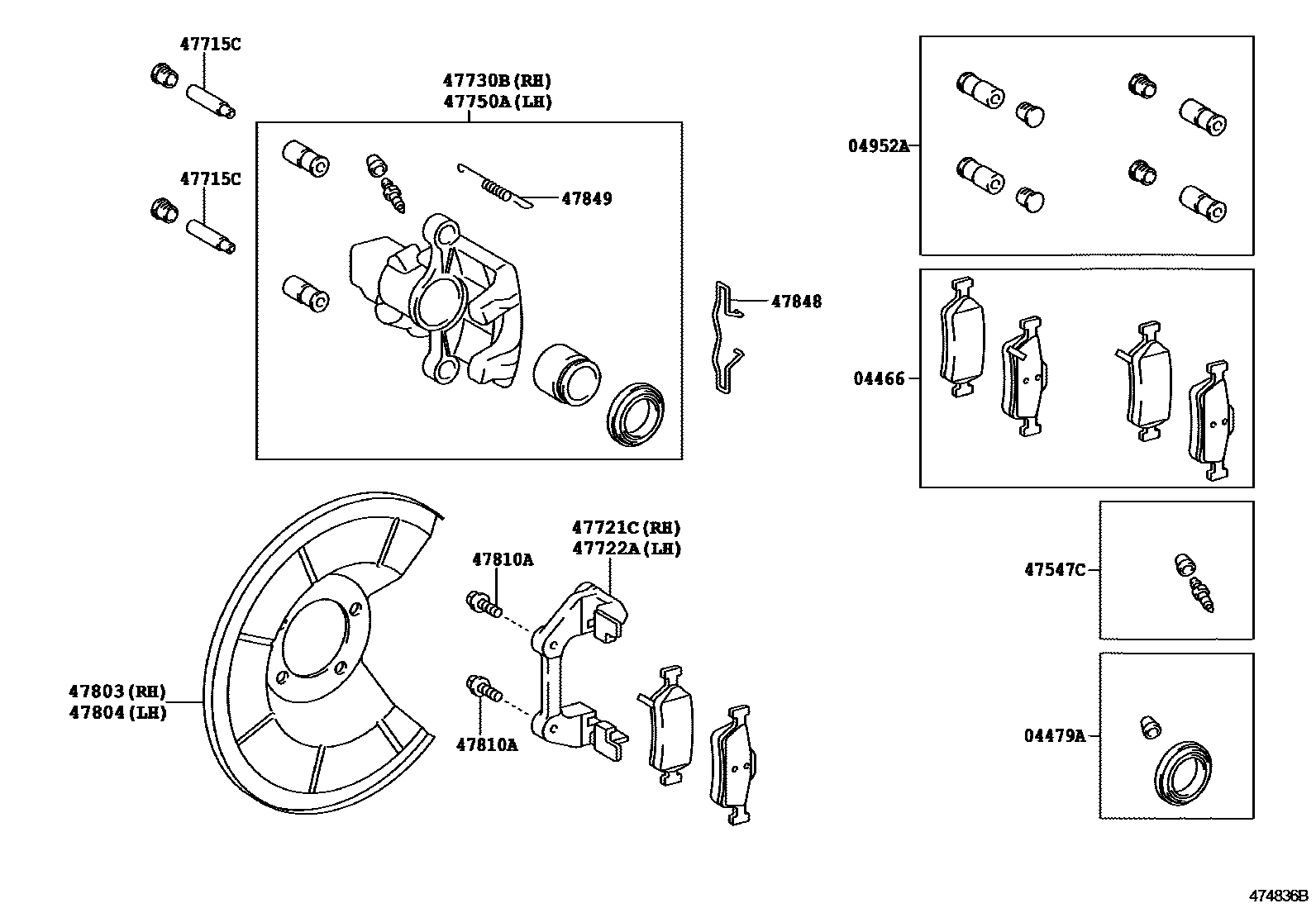 Toyota YARIS 后盘式制动器卡钳和防尘罩 EPC diagram — 474836B