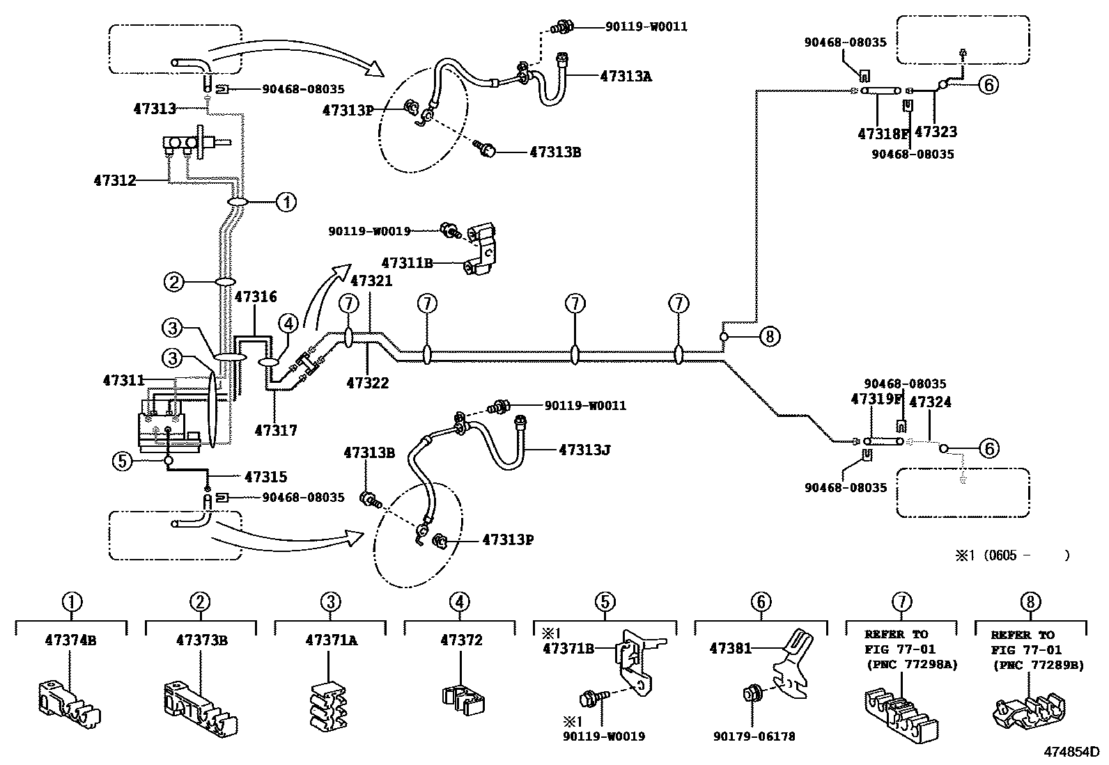 Toyota YARIS 制动配管和卡箍 EPC diagram — 474854D