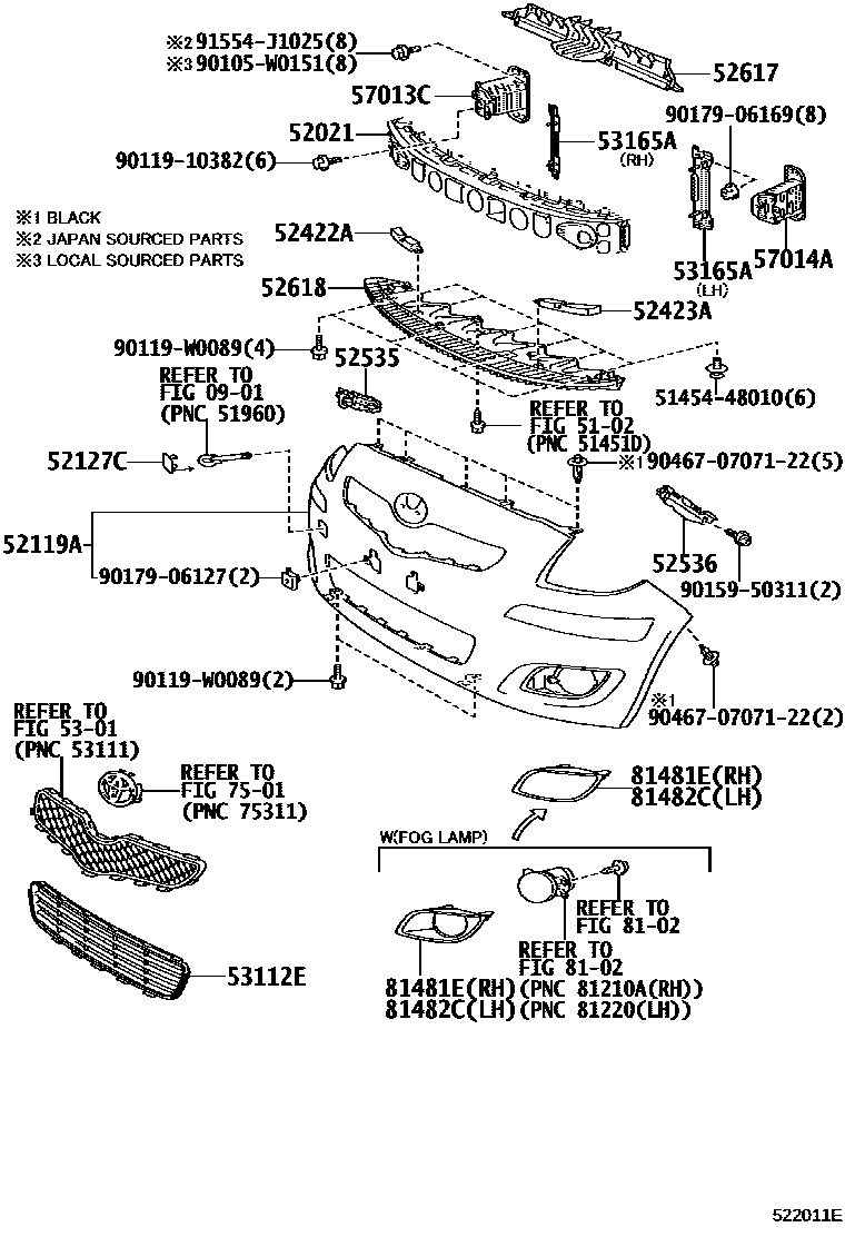Toyota YARIS 前保险杠及附件 EPC diagram — 522011E