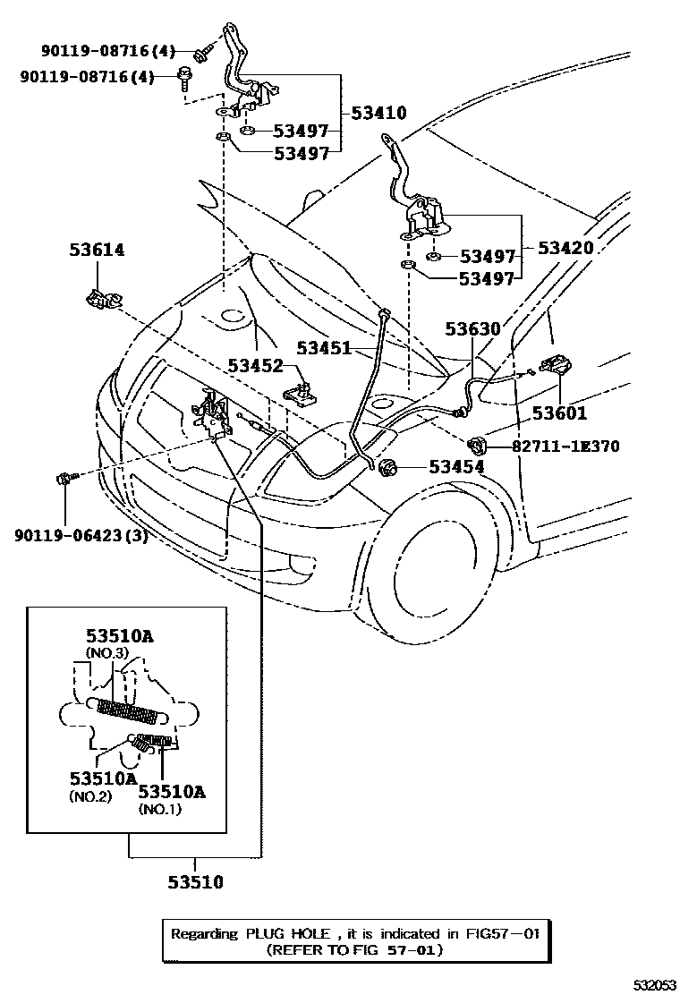 Toyota YARIS 发动机盖锁和铰链 EPC diagram — 532053