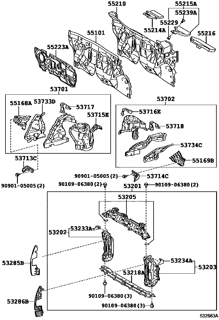 Toyota YARIS 前翼子板挡泥板和前围板 EPC diagram — 532883A