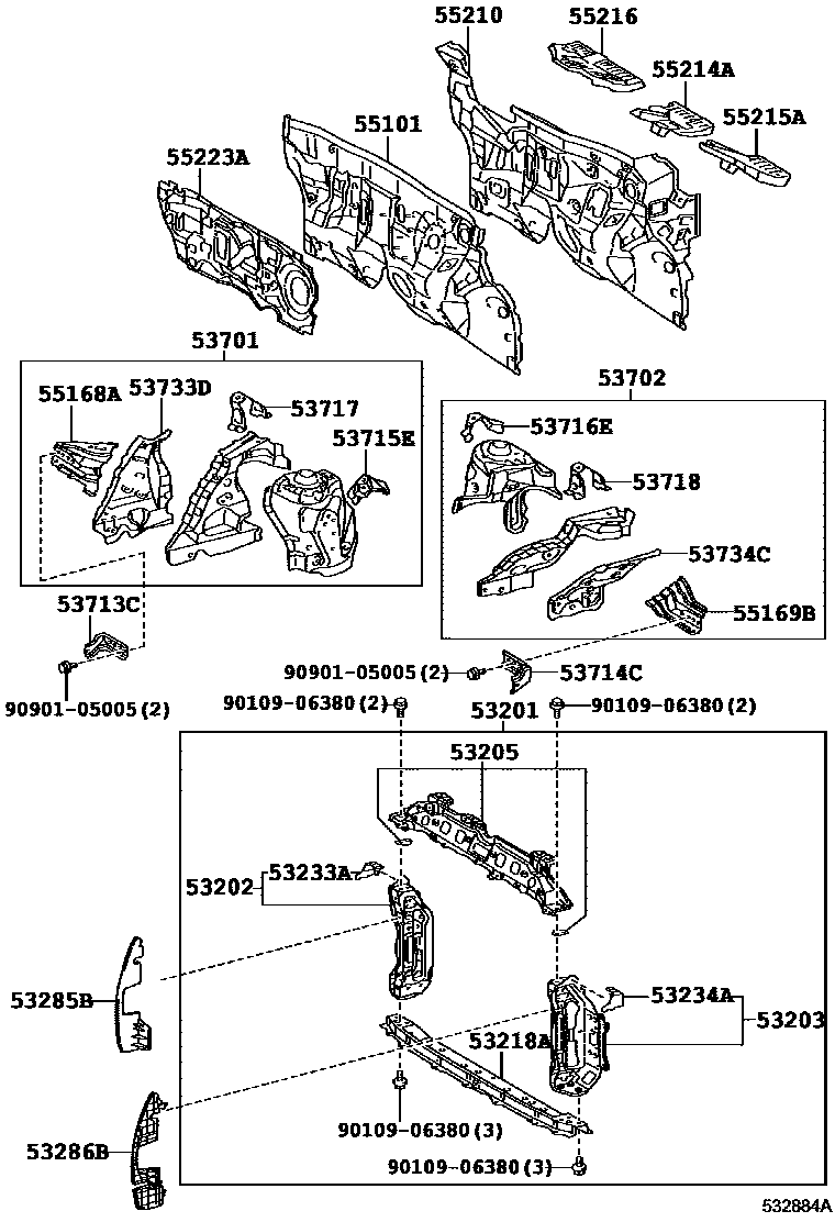 Toyota YARIS 前翼子板挡泥板和前围板 EPC diagram — 532884A