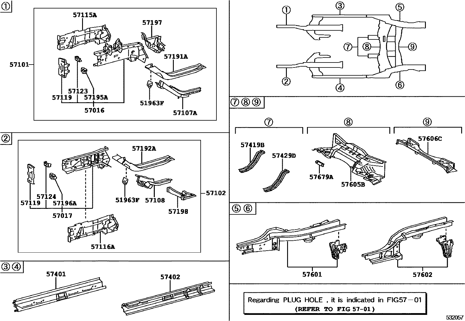 Toyota YARIS Floor stringers EPC diagram — 532057
