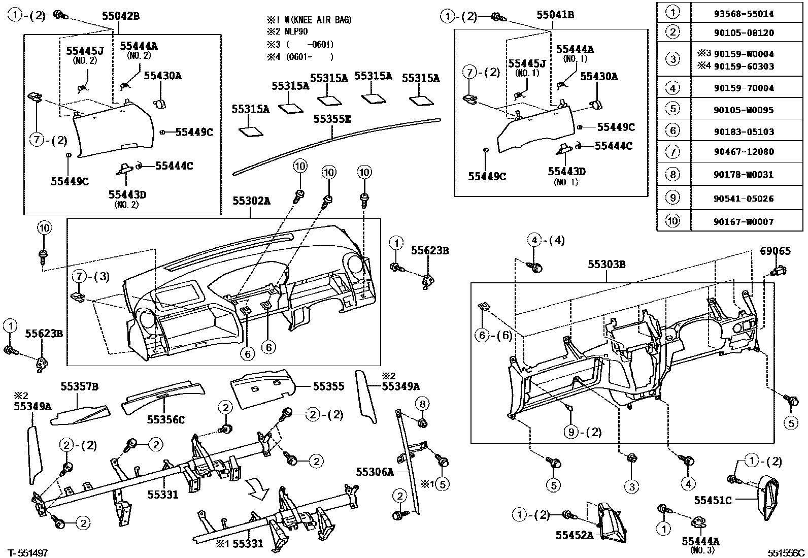 Toyota YARIS 仪表板和手套箱 EPC diagram — 551556C