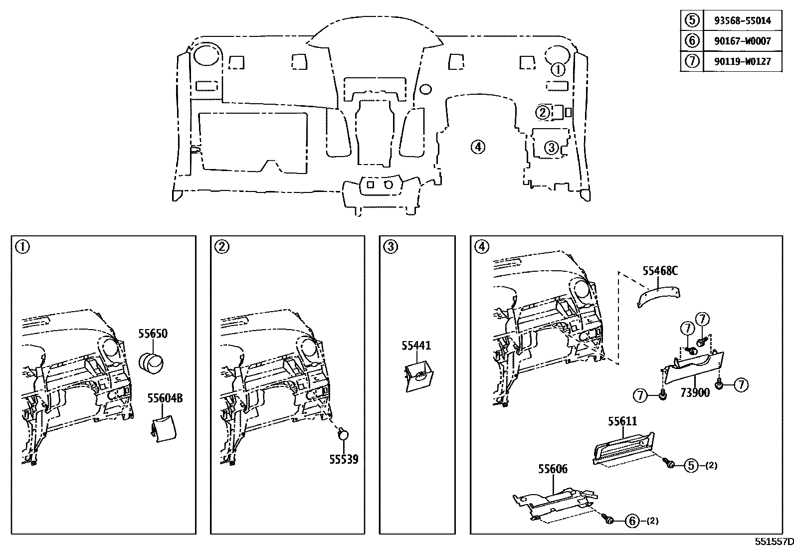 Toyota YARIS 仪表板和手套箱 EPC diagram — 551557D