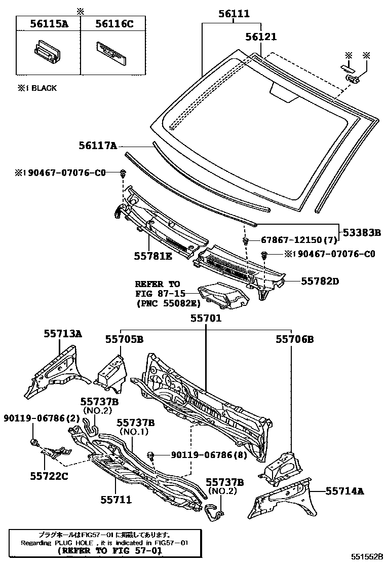 Toyota YARIS 前围板和挡风玻璃 EPC diagram — 551552B